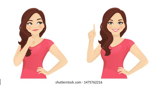 Cute woman with curly hairstyle thinking looking away and making idea pointing up isolated on white background vector illustration