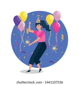 cute woman dancing with balloons and confetti