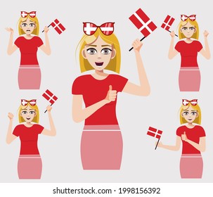 A cute woman with the Danish flag. Denmark flag. A set of fan emotions. Vector illustration in cartoon style.