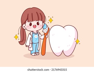 Cute woman Dentist holding a toothbrush standing with his teeth hand drawn cartoon character illustration