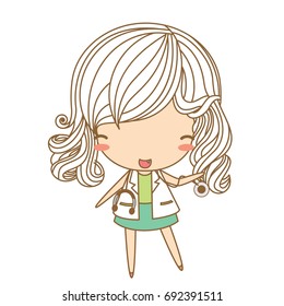 Cute woman doctor cartoon with white hair smiling and holding a stethoscope. Vector illustration, character design