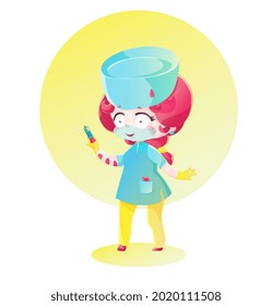 Cute woman doctor is holding a syringe in her hands. Drawing in the style of manga and anime. Childish cartoon style in bright colors