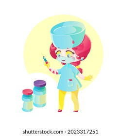 Cute woman doctor is holding a syringe in her hands. Drawing in the style of manga and anime. Childish cartoon style in bright colors