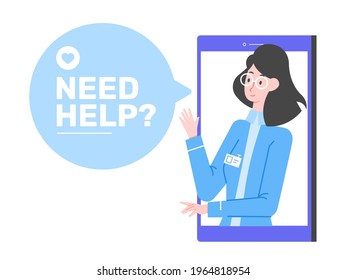 Cute woman doctor on the smartphone screen. Text in speech bubble need help. Online medical consultation. Video mobile chat, conference. Vector flat illustration.
