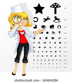 Cute woman doctor - ophthalmologist shows children's table for eye tests