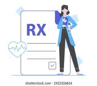 Cute woman doctor stands next to a giant medical prescription. Diagnostics, pharmacology, health care. Vector flat illustration.