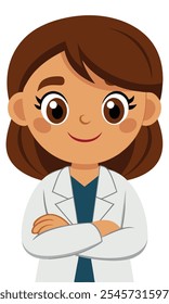 Cute woman doctor in white coat standing with arms folded