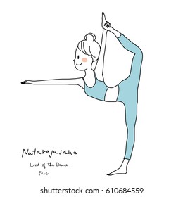 Cute woman doing yoga practice with Natarajasana or Lord of the dance pose. Vector illustration with doodle style.