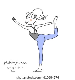 Cute woman doing yoga practice with Natarajasana or Lord of the dance pose. Vector illustration with doodle style.