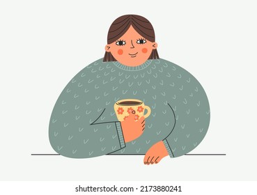 Cute woman drinking tea, coffee, or hot chocolate. Hand drawn vector illustration.
