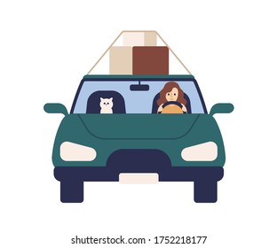 Cute woman driver ride at automobile with cat vector flat illustration. Female driver and pet carrying box on roof of car front view isolated on white. Smiling girl carry things on vehicle