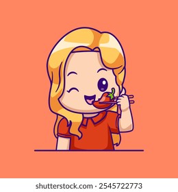 Mujer linda que come el chile con el icono del Vector de la historieta del palillo 
Ilustración. Personas Vegetable Icon Concept Aislado Premium 
Vector. Estilo plano de la historieta