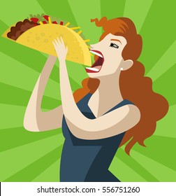 Cute Woman Eating A Giant Taco Burrito Mexican Food