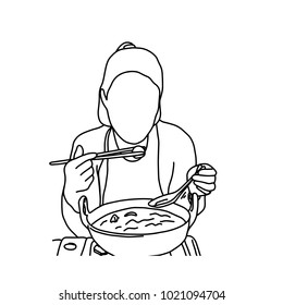 Cute woman eating noodles with chopsticks vector illustration sketch hand drawn with black lines, isolated on white background
