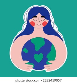 Cute woman embraces planet Earth with care and love. Sticker. Mother nature. The concept of Earth day. Save our planet. Go green. Trendy flat style with line. 