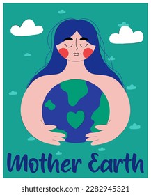 Cute woman embraces planet Earth with care and love. Mother nature. The concept of Earth day. Save our planet. Go green. Trendy flat style with line. 