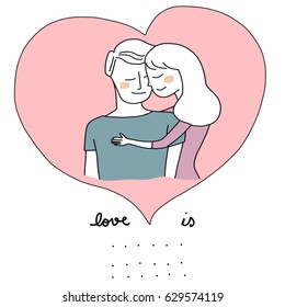Cute woman embracing man totally in love. Valentine's Day card or wedding anniversary card with romantic lovely woman embracing her man enclosed by baby pink heart shape.