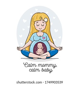 Cute woman, expecting a child and doing yoga. Baby inside pregnant belly is doing yoga too. Pregnant Lady waiting for baby vector illustration. Happy beautiful mother to be. 