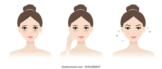 The cute woman with eye cream treatment vector illustration on white background. Direction for use eye serum to reduce dark circles, under eye bags, puffiness, dryness, tear troughs, crow feet lines.