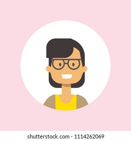 cute woman face happy girl glasses portrait on pink background, female avatar flat