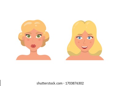 Cute Woman Face illustration. Woman's avatar in cartoon style. Young girl portrait facial expression.