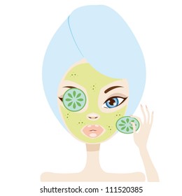 cute woman with facial mask with pieces of cucumber