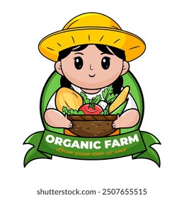 Cute Woman Farmer Holding Basket with Fruit and Vegetable Modern Logo. Organic Fruit and Vegetable Shop