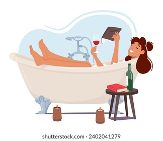 Cute Woman Finds Joy In Reading Books Lying in Tub with a Glass of Red Wine and Burning Candles, As She Explores The Realms Of Imagination, Embracing The Magic Of Words And The Stories They Hold