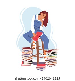 Cute Woman Finds Joy In Reading Books Sitting on High Stool in Library or Home, Her Eyes Filled With Fascination As She Immerses Herself In Captivating Stories, Traveling Through Pages and Imagination