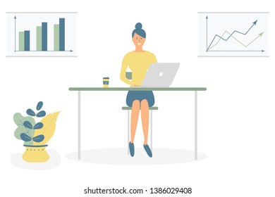 Cute woman freelancer work by computer at the table. Successful female character. Young calm freelance worker with laptop on desk with cup of coffee. Posters with infographics.Flat cartoon vector