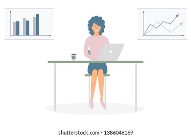 Cute woman freelancer work by computer at the table. Successful female character. Young calm freelance worker with laptop on desk with cup of coffee. Posters with infographics.Flat cartoon vector