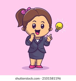 Cute Woman Get An Idea Cartoon Vector Icon Illustration. People Business Icon Concept Isolated Premium Vector. Flat Cartoon Style