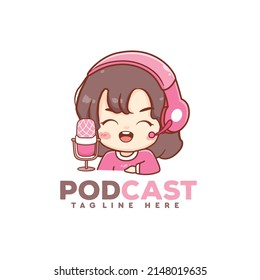 Cute woman girl character youtuber podcast with mic and headphone logo 