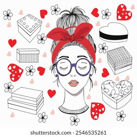 Cute woman or girl face and gifts illustration. Women's accessories and cosmetics. Hand drawn Line art doodle vector illustration holiday present concept. 