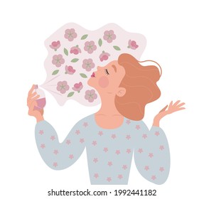 A cute woman or girl holds a bottle in her hand, sprays a cherry blossom perfume on herself and enjoys the scent. Vector illustration. Cherry Blossom Aroma.