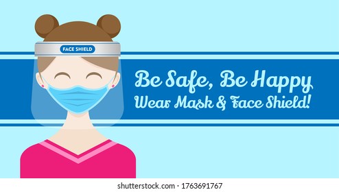 Cute woman / girl wearing medical mask and face shield for protection.