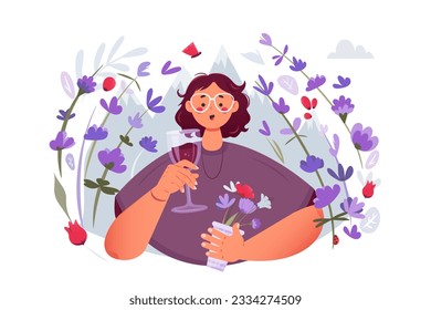 Mujer linda con un vaso de vino. Campo provenzal de lavanda morada en Francia. Turismo y vacaciones de verano. Ilustración vectorial aislada en blanco. Diseño plano.