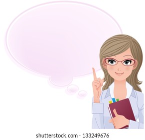 Cute woman glasses pointing up, holding book.  File contains Gradients, Blending tool Clipping mask with the woman uncropped.