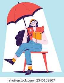 Cute woman with glasses sitting on a bench holding books and umbrella vector illustration