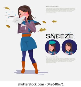 cute woman going to sneeze beacause weather. set of character. illness concept. typographic for header design. infographic - vector illustration