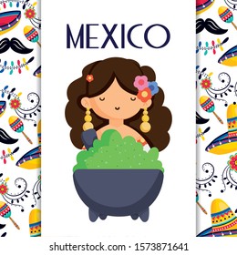 cute woman and guacamole mexican food, traditional celebration design vector illustration