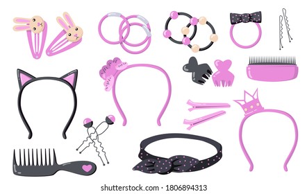 Cute woman hair accessories flat illustration set. Cartoon elastic bands, bows and plastic hoops for head isolated vector illustration collection. Stylist salon and beauty concept