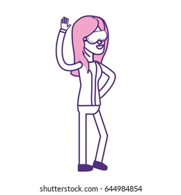 cute woman with hand up and glasses
