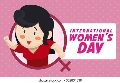 Cute woman with hand high, inside woman symbol and a label with greeting message for Women's Day.
