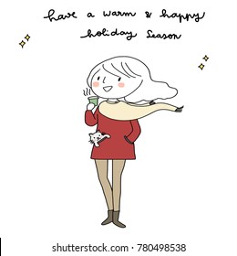 Cute woman with hand in pocket and little cat peeking out of her another one. She holding a cup of coffee with aroma. Greeting card for cat lover with "Have a warm & happy holiday season" quoted.