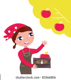 Cute woman harvesting Apples in the Autumn garden. Woman takes Fruit from tree. Vector cartoon Illustration.