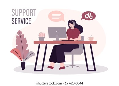 Cute woman in headphones helps customers. Assistant or operator works on company hotline. Girl communicate and support clients. Concept of call center and support service. Flat vector illustration