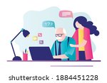 Cute woman helps older man deal with computer. Young girl helping grandfather with laptop. Male character sitting at desk and learning to use computer. Pensioner help concept. Flat vector illustration