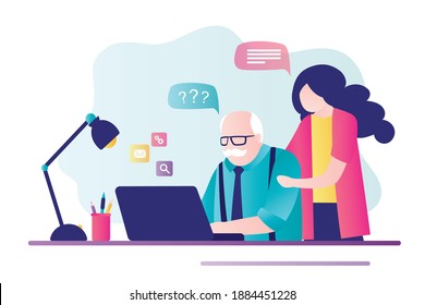 Cute woman helps older man deal with computer. Young girl helping grandfather with laptop. Male character sitting at desk and learning to use computer. Pensioner help concept. Flat vector illustration