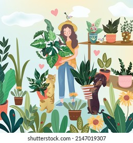 Cute woman and her pet with beautiful plants cartoon